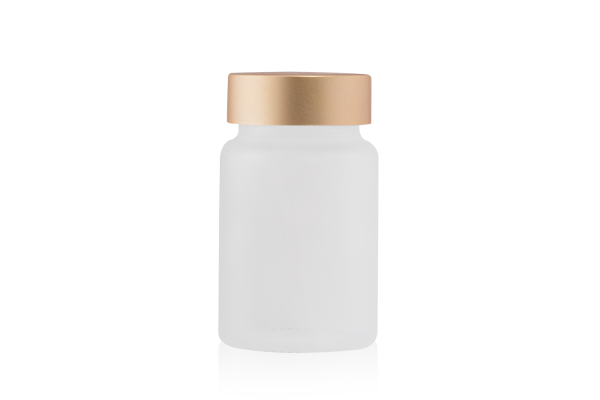 Pote Cápsula Vidro Transparente Fosco 75ml com Tampa Dourada Fosca